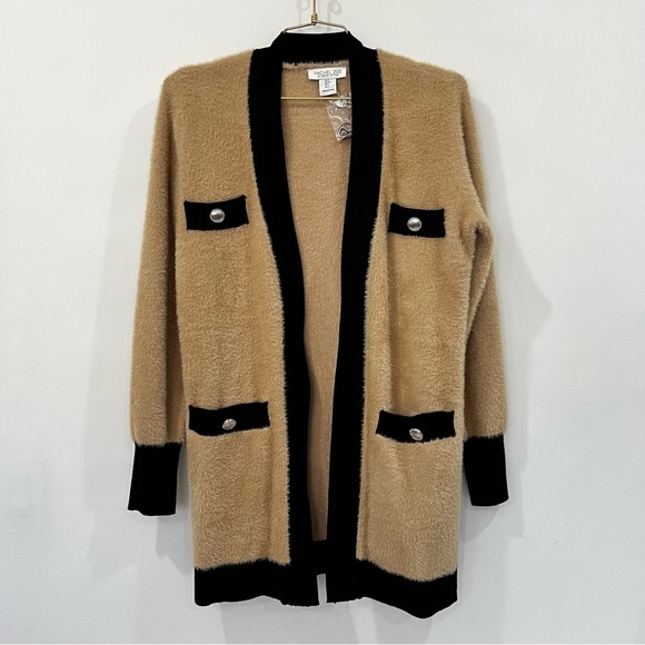 Rachel Zoe Eyelash Fuzzy Cardigan Size Small Camel Black Open Front Long Sweater - Picture 1 of 7